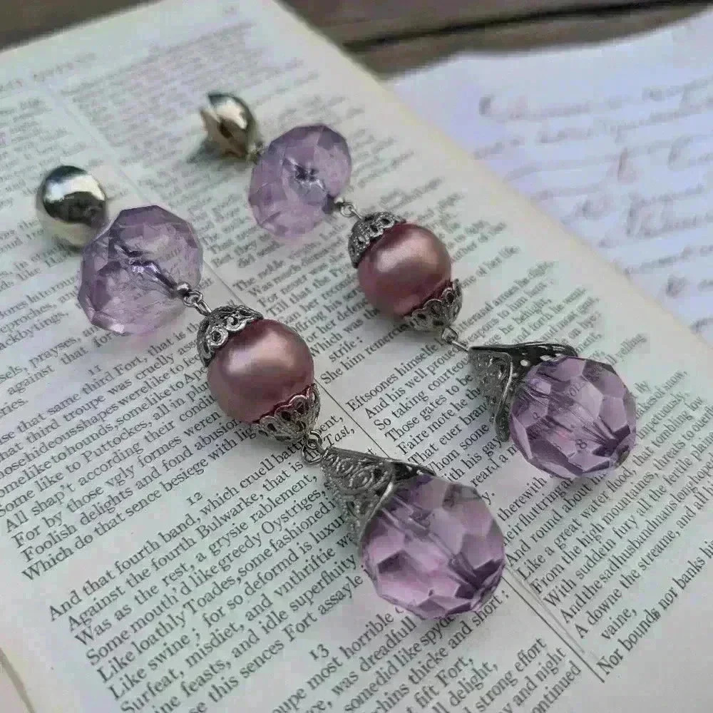 Vintage large statement earrings purple glass  beads